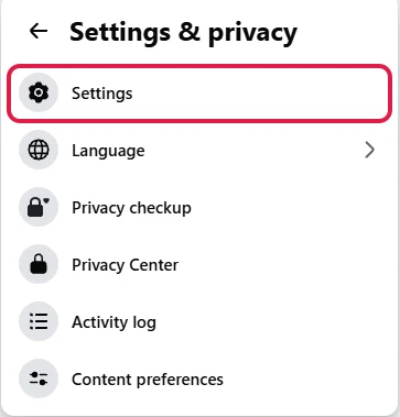 Facebook's Settings & privacy menu, with Settings boxed in red above Language, Privacy checkup and Activity log