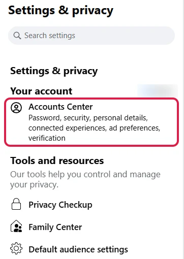 Facebook's Settings sidebar, with Accounts Center boxed in red under Your account