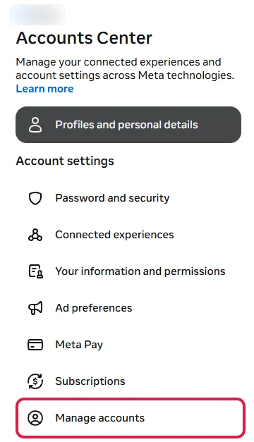 Meta's Accounts Center menu, with Manage accounts boxed in red at the bottom of Account settings