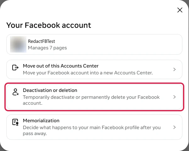 The Your Facebook account window for RedactFBTest, with Deactivation or deletion boxed in red