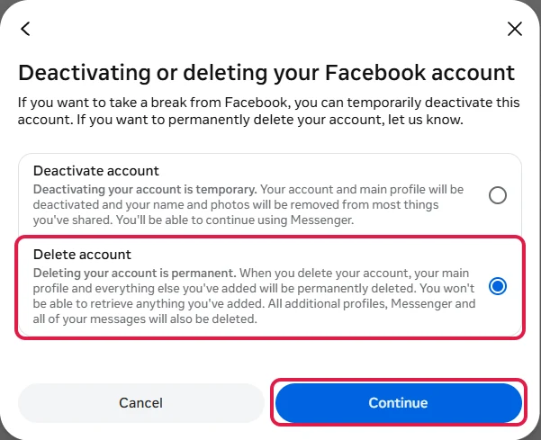 Facebook's Deactivating or deleting your Facebook account window, with Delete account selected and boxed in red, and the Continue button boxed