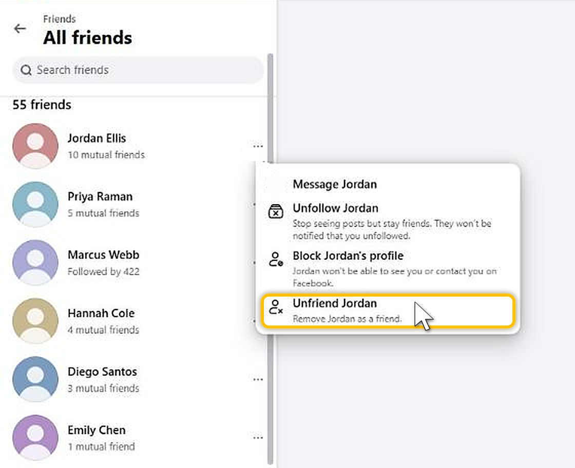 The three-dot menu next to a friend on Facebook's All friends page, with Message, Unfollow, Block and Unfriend