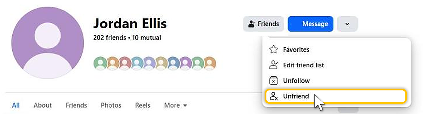 The Friends menu on a Facebook profile, listing Favorites, Edit friend list, Unfollow and Unfriend