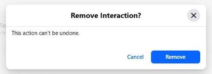 The Remove Interaction box, which says this action can't be undone, with Cancel and Remove