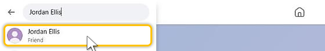 A friend's name typed into the Facebook search bar, with their profile as the first result