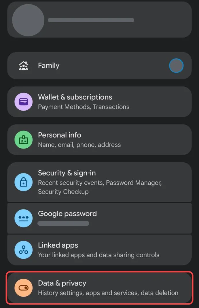 The Google Account home page on a phone, listing Family, Wallet and subscriptions, Personal info, Security and sign-in, Google password and Linked apps, with Data & privacy boxed in red