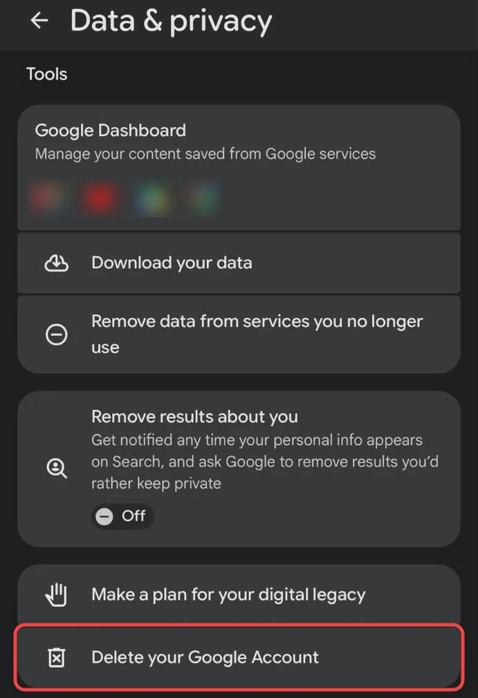 The Tools section of Data & privacy on a phone, with Delete your Google Account boxed in red at the bottom