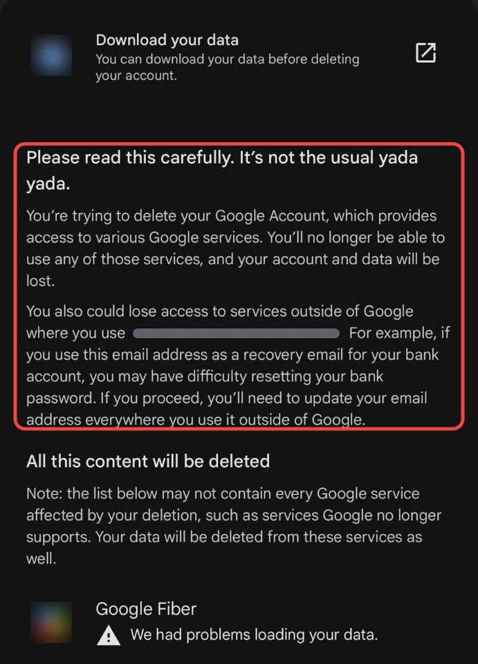 The top of Google's Delete your Google Account page on a phone, with the Please read this carefully warning boxed in red
