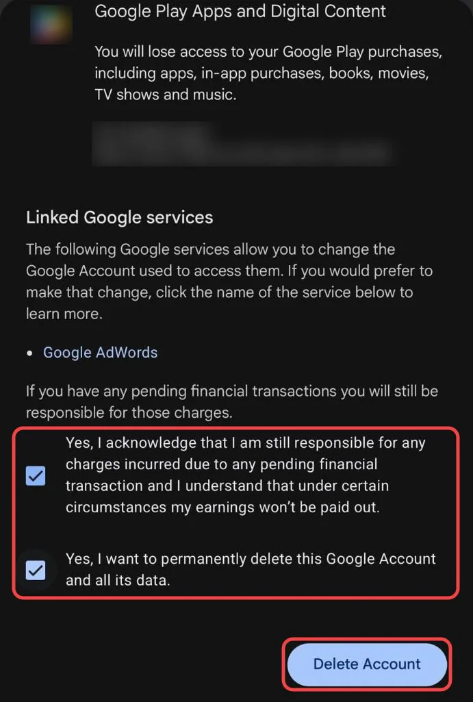 The bottom of Google's Delete your Google Account page on a phone, with both confirmation checkboxes and the Delete Account button boxed in red