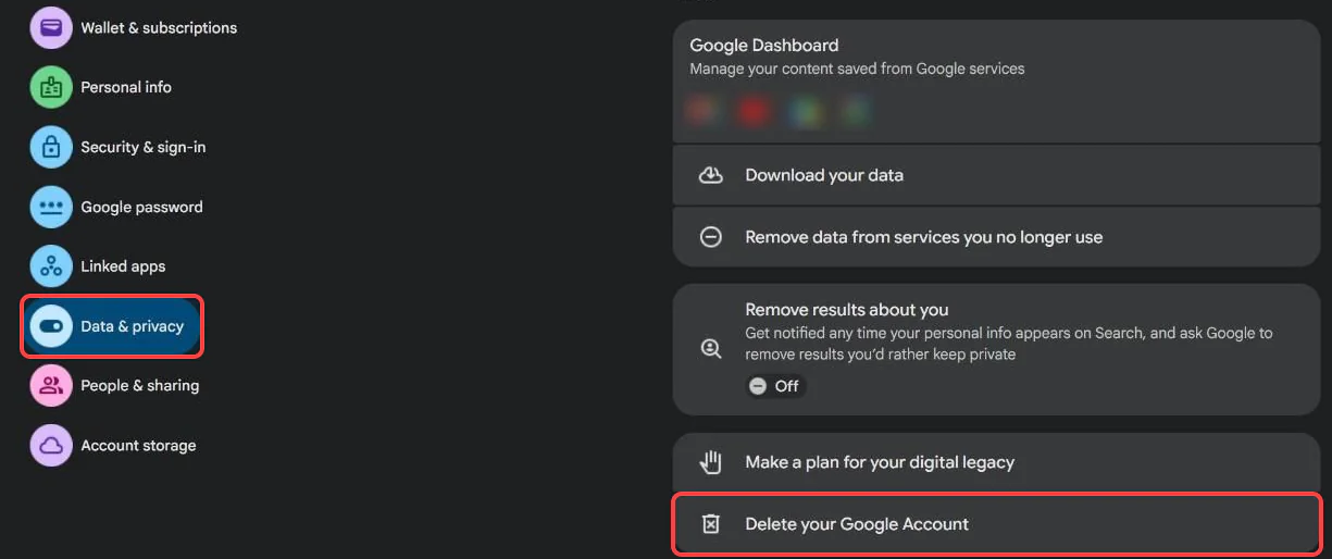 The Data & privacy page in a Google Account, with Data & privacy boxed in red in the left menu and Delete your Google Account boxed in red at the bottom of the Tools section