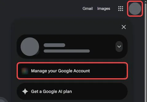 The account menu on Google's homepage, with the profile picture at the top right and Manage your Google Account boxed in red