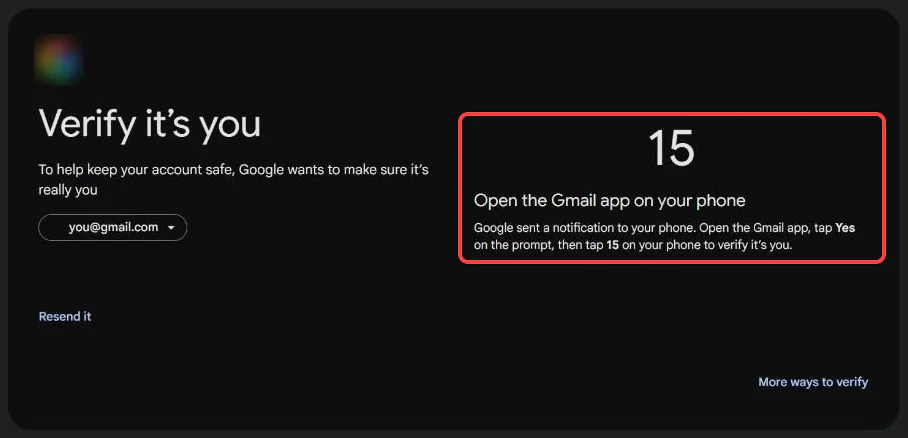 Google's Verify it's you page asking to open the Gmail app on your phone and tap the number 15, with the phone prompt boxed in red