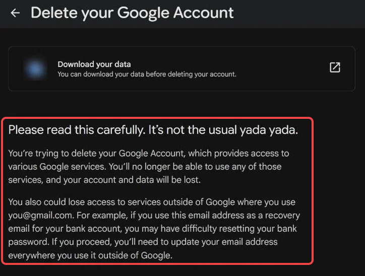 Google's Delete your Google Account page, with the Please read this carefully warning boxed in red below the Download your data link