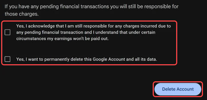 The bottom of Google's Delete your Google Account page, with the two confirmation checkboxes and the Delete Account button boxed in red