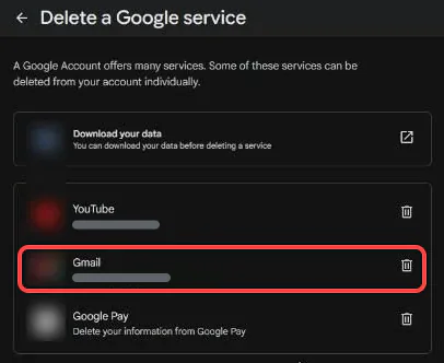 Google's Delete a Google service page listing YouTube, Gmail and Google Pay, each with a bin icon, with the Gmail row boxed in red
