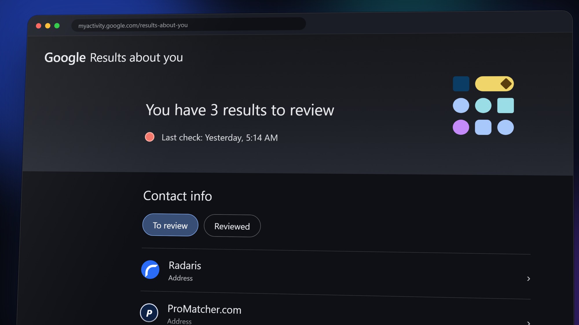 Google's Results about you page showing three results to review, with Radaris and ProMatcher.com listed under Contact info