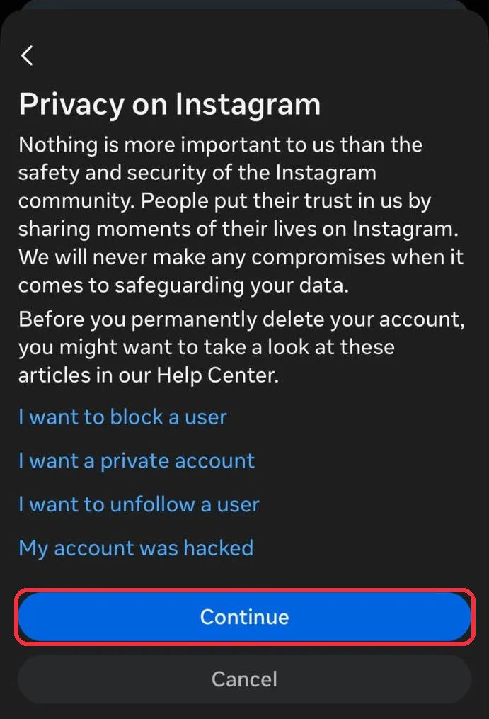 The Privacy on Instagram screen with help article links and Continue boxed in red