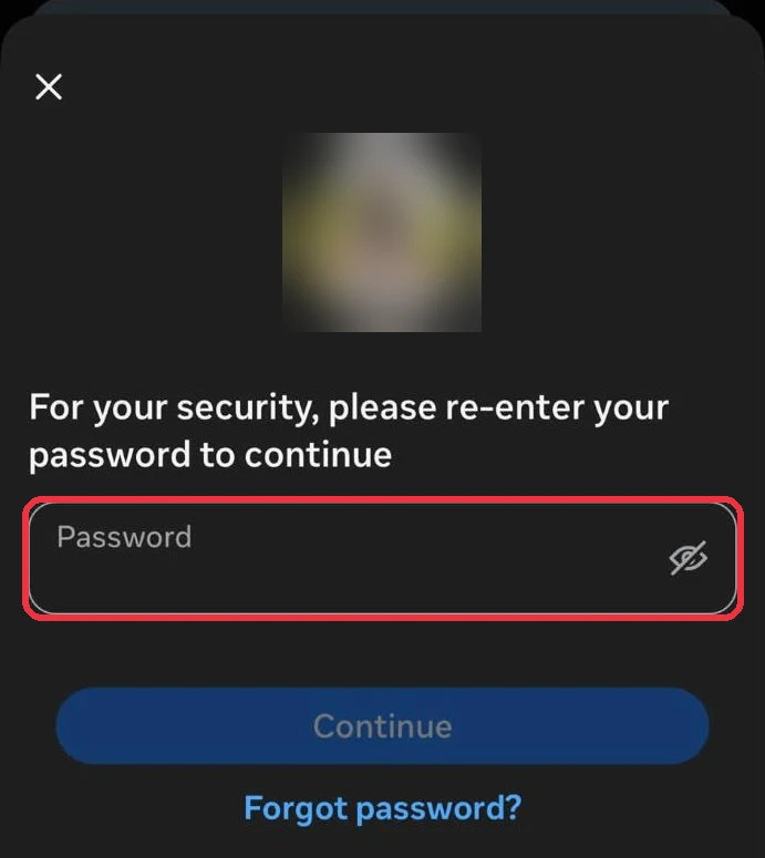 Instagram asking you to re-enter your password, with the password field boxed in red
