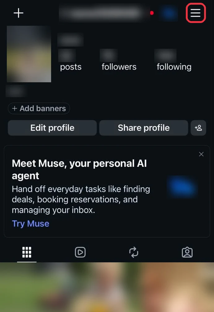 An Instagram profile in the app with the three-line menu icon at the top right boxed in red