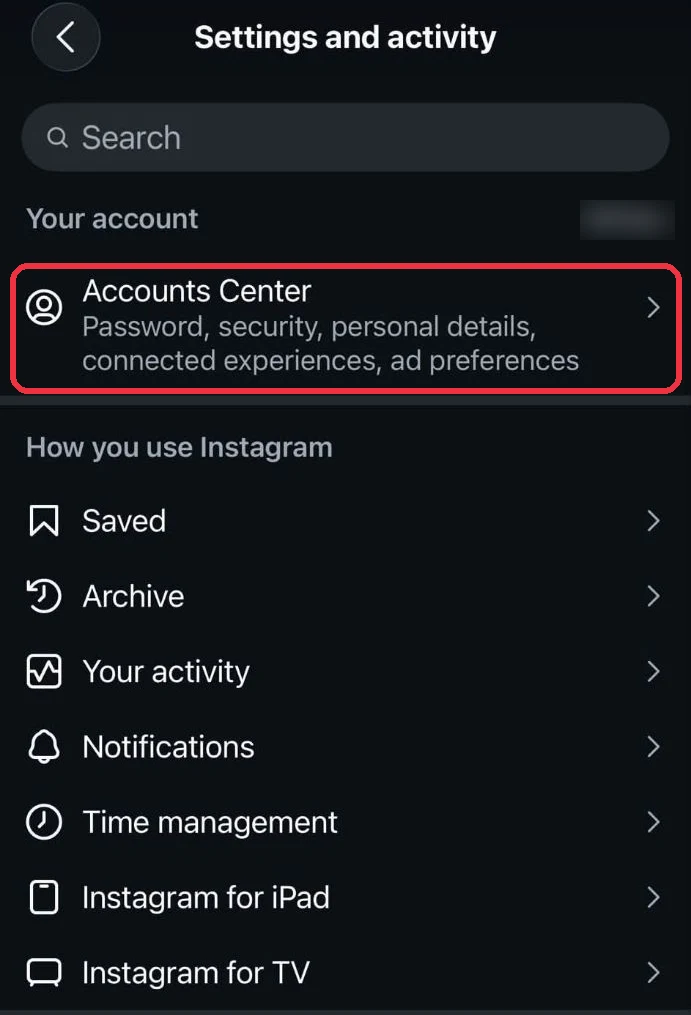 Instagram's Settings and activity screen with Accounts Center boxed in red under Your account