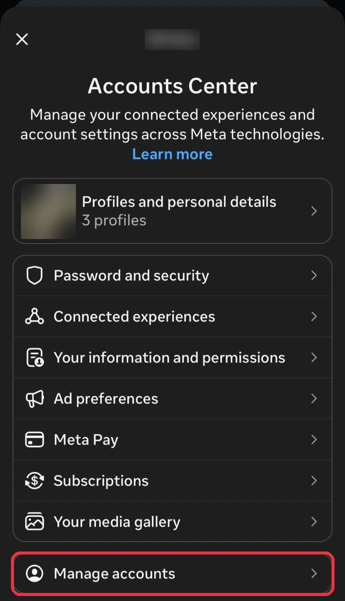 Meta's Accounts Center in the Instagram app with Manage accounts boxed in red