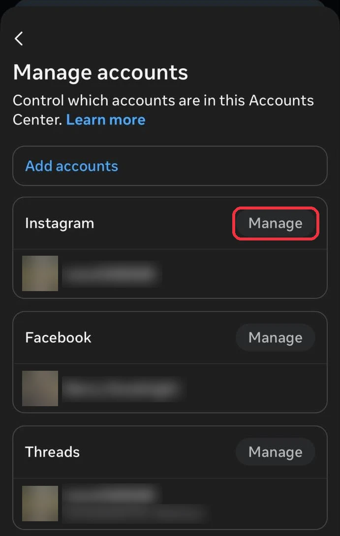 The Manage accounts screen listing Instagram, Facebook and Threads, with Manage next to Instagram boxed in red