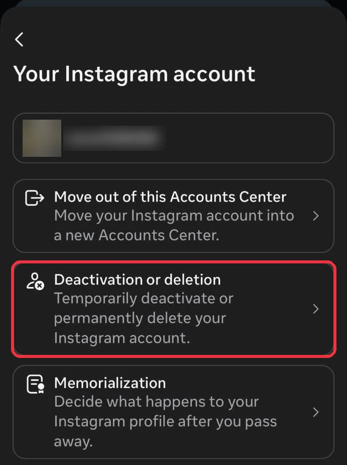 The Your Instagram account screen with Deactivation or deletion boxed in red