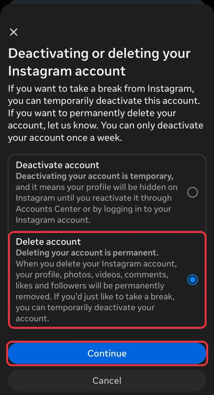The Deactivating or deleting your Instagram account screen with Delete account selected and Continue boxed in red
