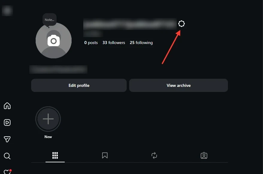 An Instagram profile page with a red arrow pointing to the gear icon next to the username