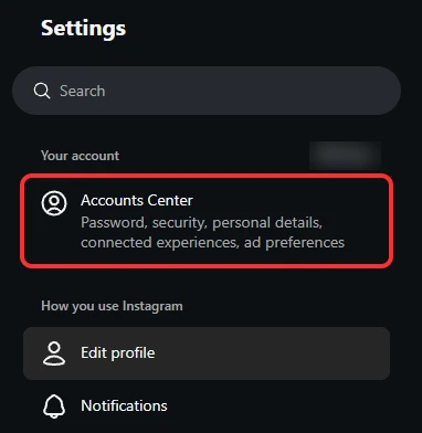 Instagram's Settings menu, with Accounts Center boxed in red under Your account