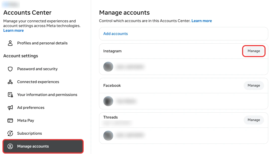 Meta's Accounts Center with Manage accounts boxed in red in the left menu and the Manage button next to Instagram boxed in red, with names and photos hidden