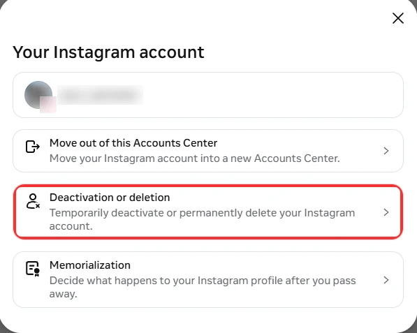 Accounts Center's Your Instagram account screen, with Deactivation or deletion boxed in red