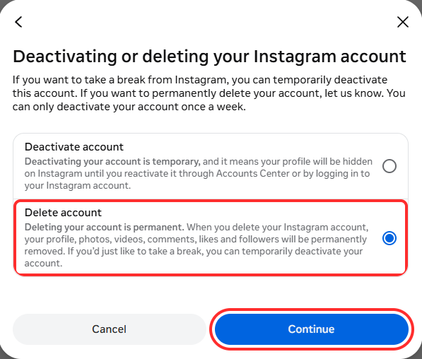 Instagram's Deactivating or deleting your Instagram account screen, with the Delete account option selected and boxed in red, and the Continue button boxed