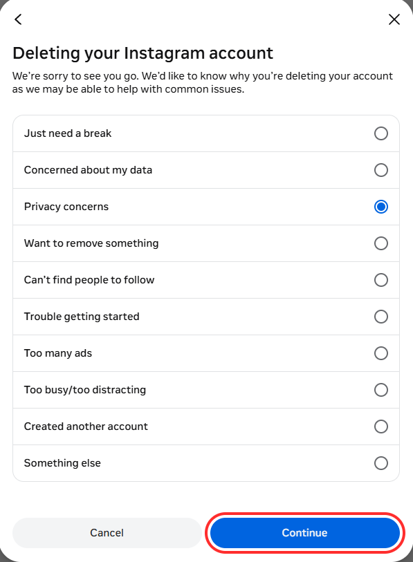 Instagram's Deleting your Instagram account screen with a list of reasons, Privacy concerns selected, and the Continue button boxed in red