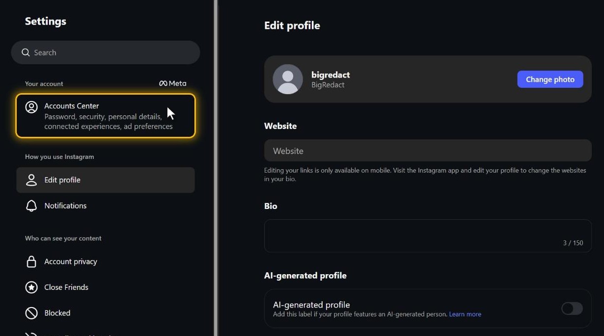 Instagram Settings with Accounts Center highlighted at the top of the menu
