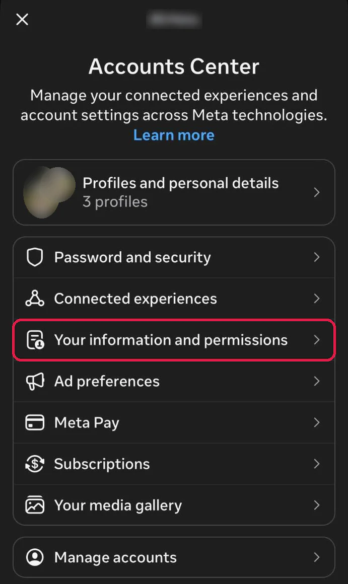 Accounts Center in the Instagram app with Your information and permissions boxed in red