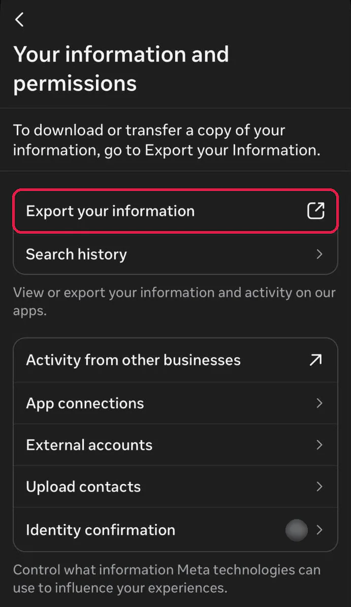 The Your information and permissions screen in the Instagram app with Export your information boxed in red