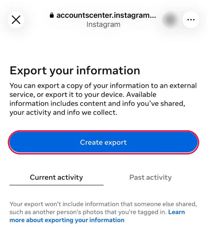 The Export your information screen in the Instagram app with the Create export button boxed in red