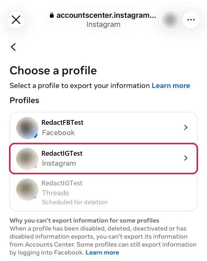 The Choose a profile list in the Instagram app with the Instagram profile boxed in red