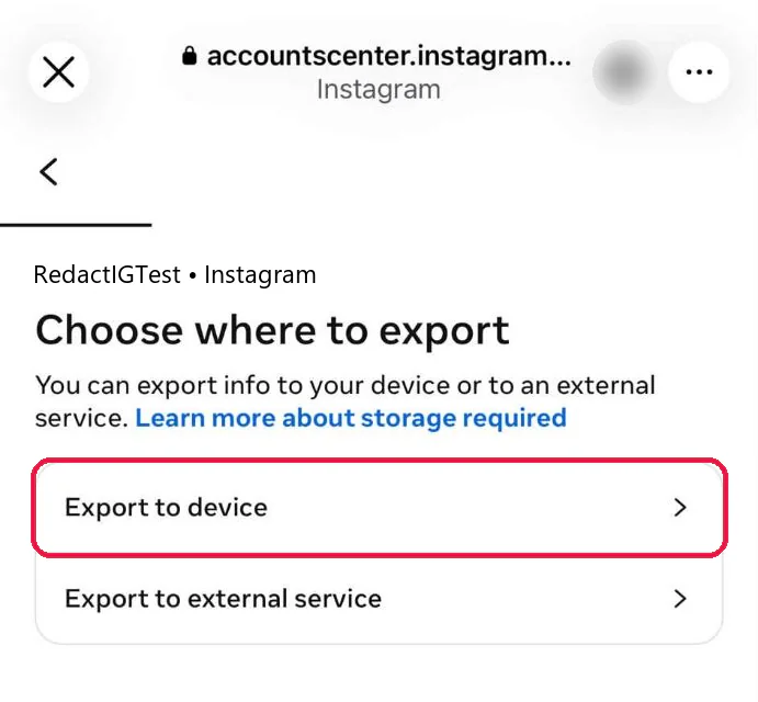 The Choose where to export screen in the Instagram app with Export to device boxed in red