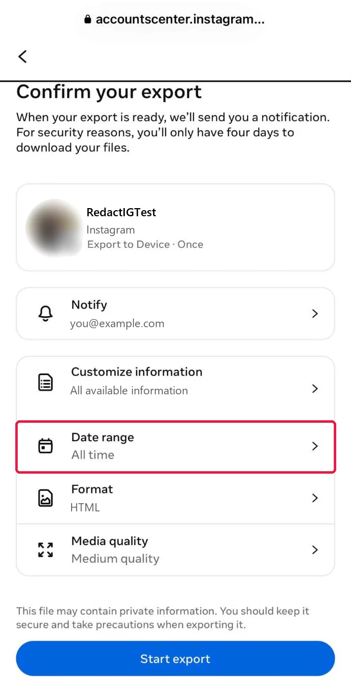 The Confirm your export screen in the Instagram app with the Date range row, set to All time, boxed in red
