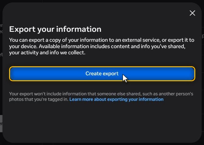 The Export your information box with the Create export button highlighted