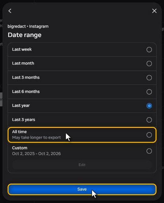 The Date range list with Last year selected, and All time and the Save button highlighted