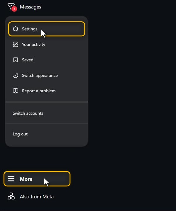 Instagram on a computer with the More menu open in the bottom left and Settings highlighted at the top of it