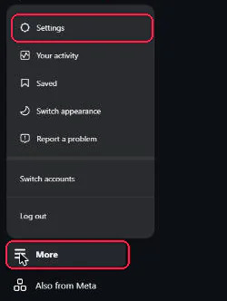 Instagram's More menu open in the bottom left, with Settings at the top and More at the bottom each boxed in red