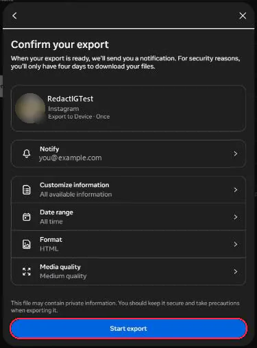 The Confirm your export screen showing All time, with the Start export button boxed in red