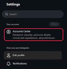 Instagram's Settings menu with Accounts Center boxed in red under Your account