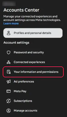 The Accounts Center menu with Your information and permissions boxed in red