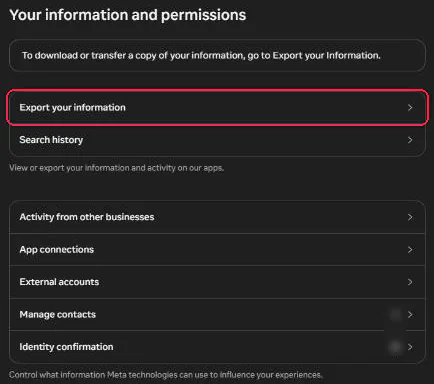 The Your information and permissions page with Export your information boxed in red above Search history