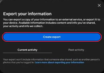 The Export your information window with the Create export button boxed in red